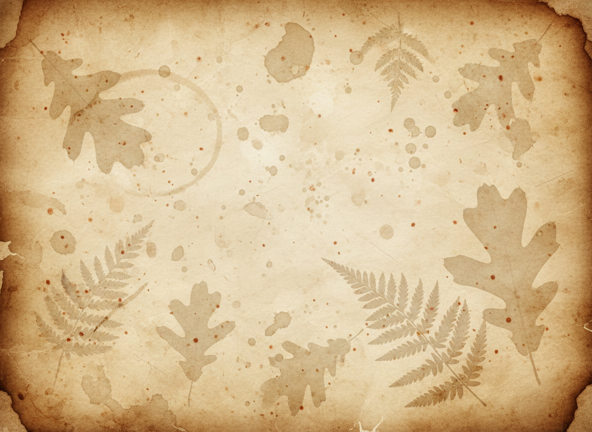 Aged parchment paper background with faint pressed oak leaves and ferns