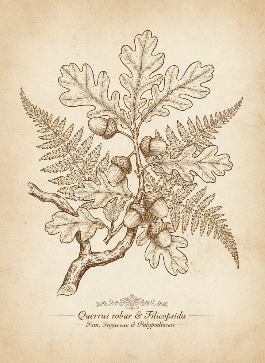 Sepia botanical illustration of an oak branch with acorns and ferns